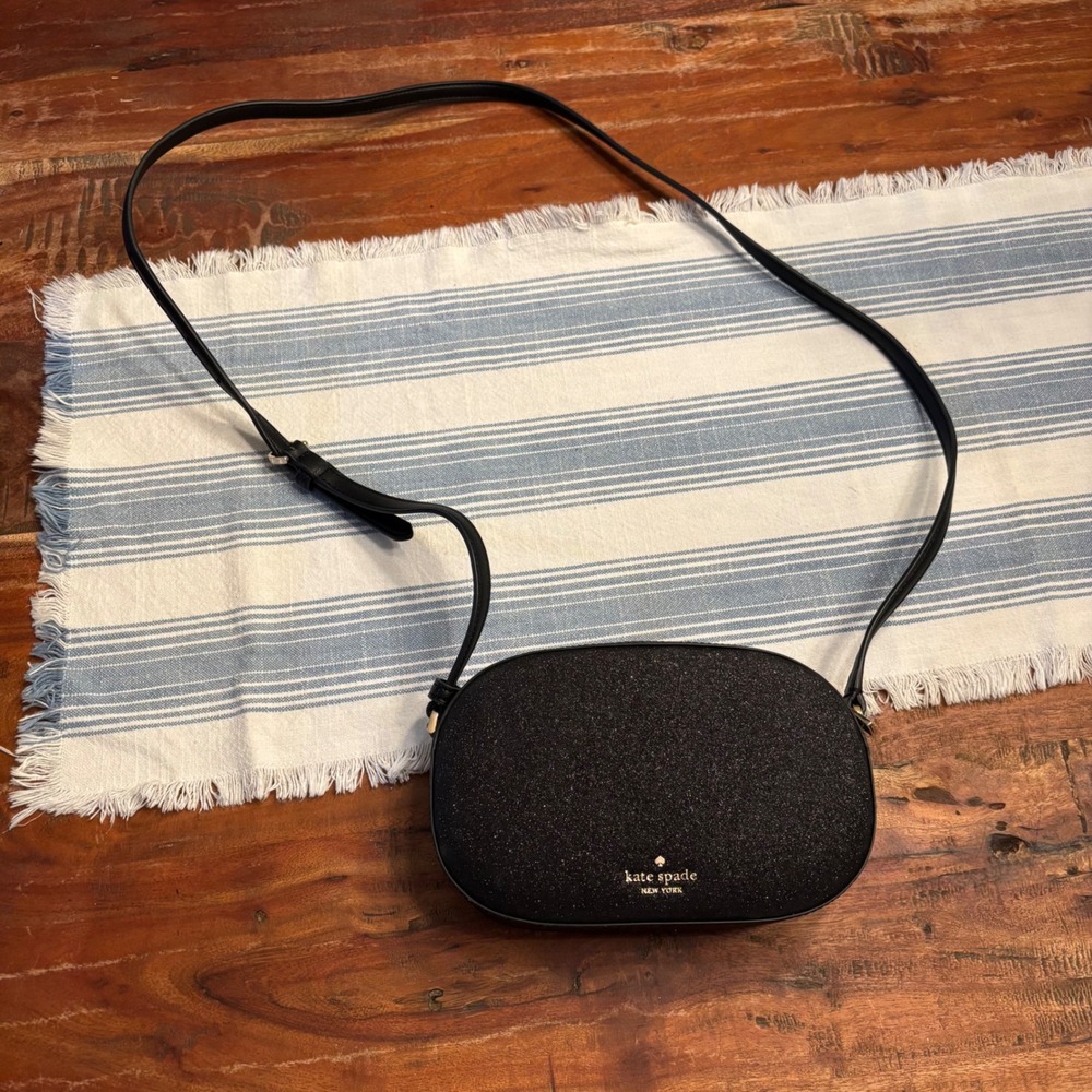 Kate Spade Black Glitter Oval Camera Bag Crossbody Purse Gold Logo